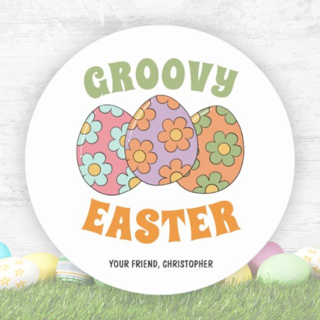 Sticker Rond Soirée de Pâques Super Cute Retro (Cute Retro Groovy Easter Party Classic Round Sticker)