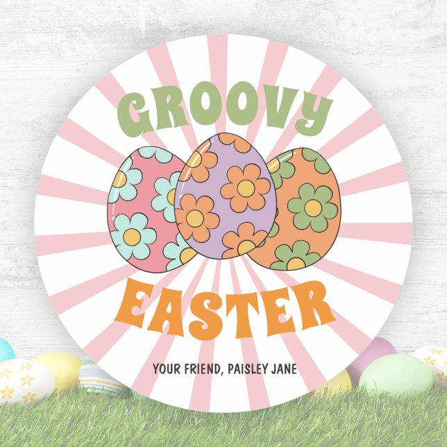 Sticker Rond Soirée de Pâques Super rose (Cute Pink Retro Groovy Easter Party Classic Round Sticker)