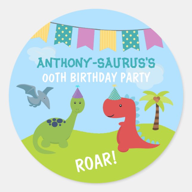 Sticker Rond Soirée Dinosaure personnalisée (Devant)