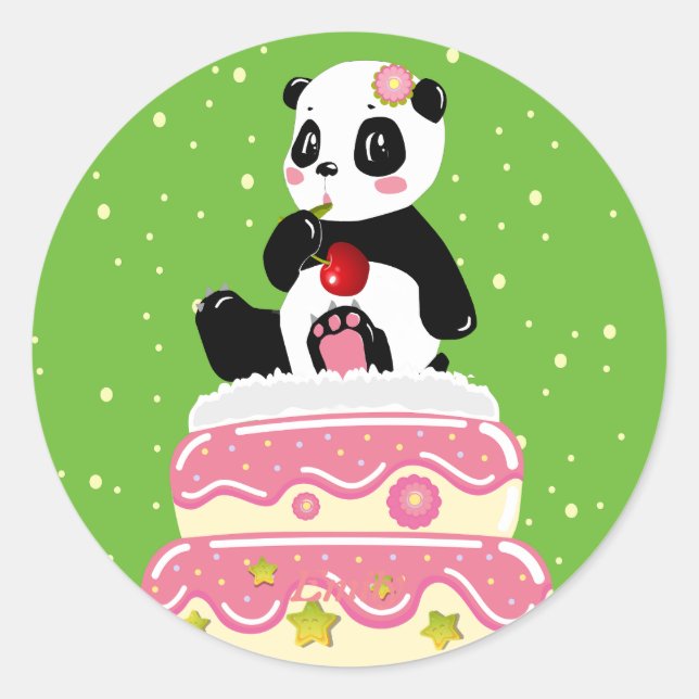 Sticker Rond Soirée / Panda mignonne avec gâteau et cerise (Devant)