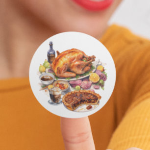 Sticker Rond Soirée Thankesgiving dinde tarte