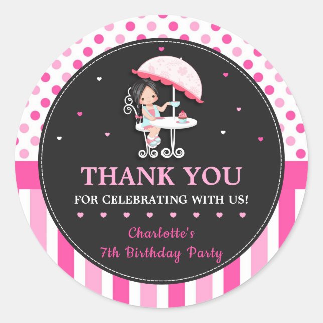 Sticker Rond Soirée Thé fille mignonne Anniversaire Merci rose  (Devant)