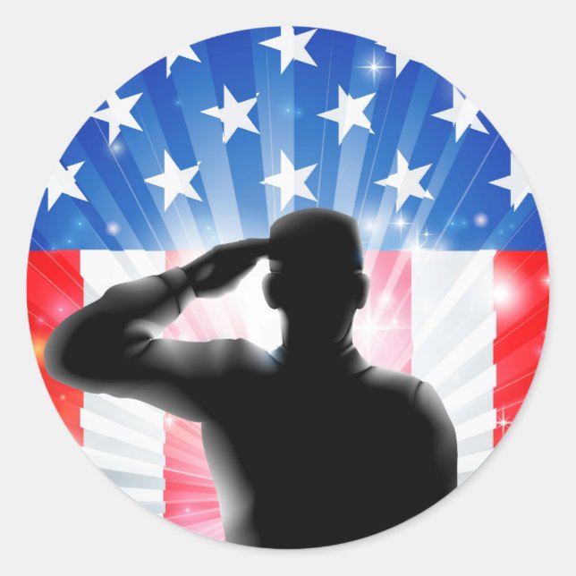 Sticker Rond Soldat militaire du drapeau américain saluant en s (Devant)