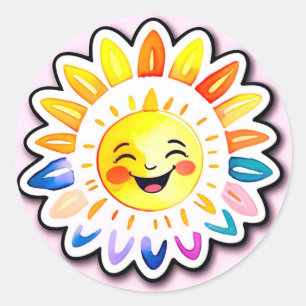 Sticker Rond Soleil de dessin animé joyeux avec visage souriant