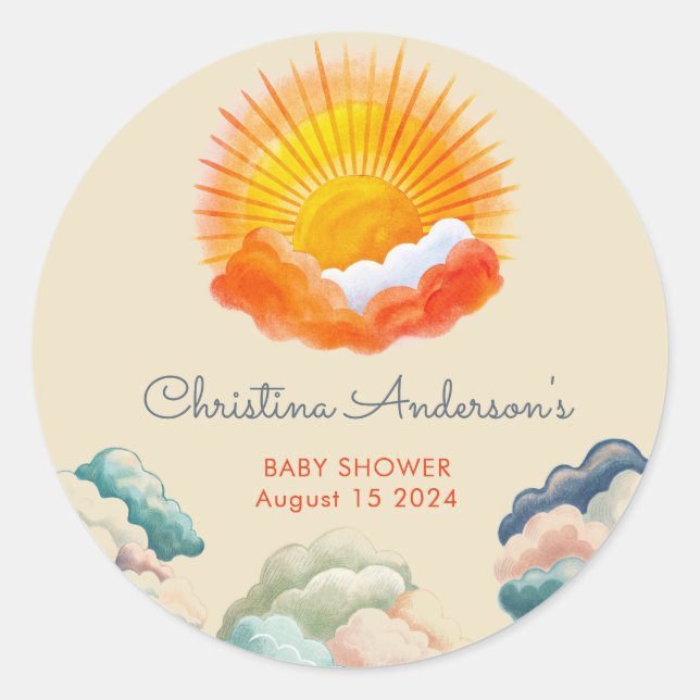 Sticker Rond Soleil et nuages Baby shower rétro gris jaune (Devant)