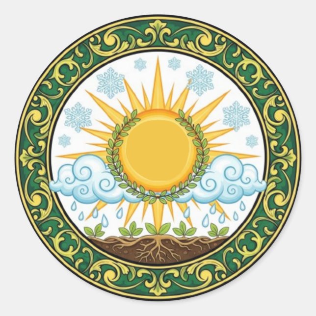 Sticker Rond Soleil et Pluie Cycle Naturel Emblème ART Botaniqu (Devant)