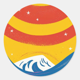 Sticker Rond Soleil, étoiles et vagues