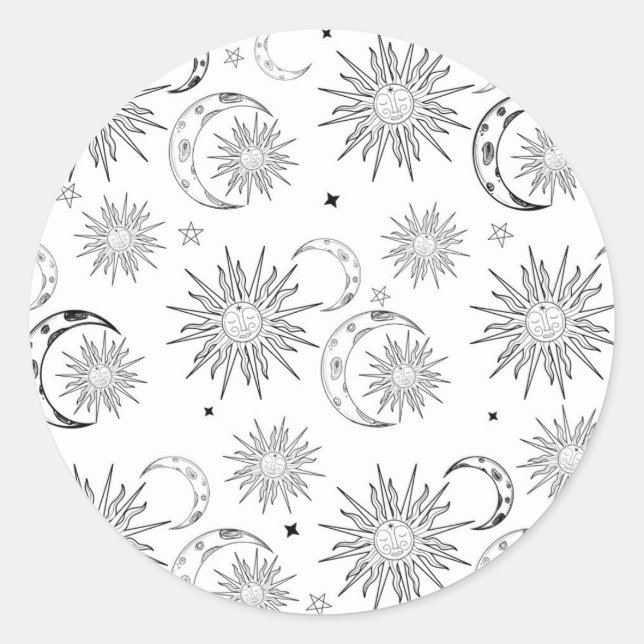 Sticker Rond Soleil lunaire noir et blanc Anniversaire céleste (Devant)