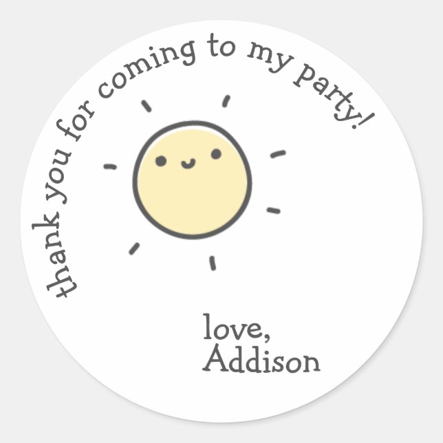 Sticker Rond Soleil mignon - Merci Anniversaire de enfant (Devant)
