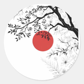 Sticker Rond Soleil Rouge Japonais & Art de l'Arbre au Pinceau