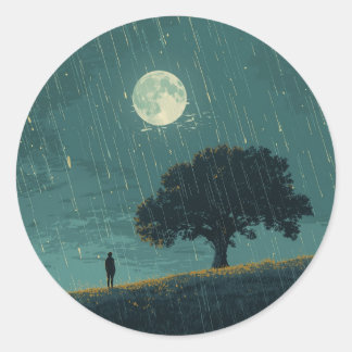 Sticker Rond Solitude Pluvieuse – Illustration d'une Personne S