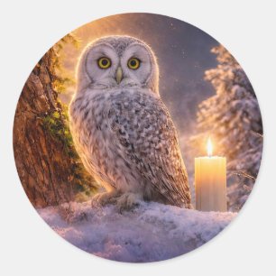 Sticker Rond Solstice d'hiver Yule Hibou et Bougie Neige