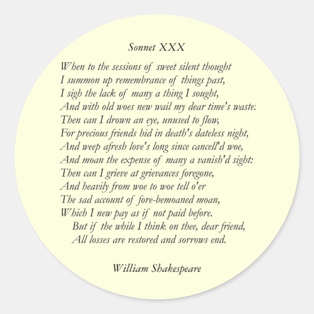 Sticker Rond Sonnet # 30 par William Shakespeare (Devant)