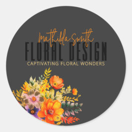 Sticker Rond Sophisticated Floral Design Black Orange Flowers 
