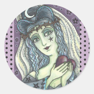STICKER ROND SORCERESSE, BALLES DE COEUR GOTH WITTER