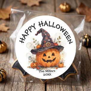 Sticker Rond Sorcière à l'aquarelle Jack O Lantern Faveur Hallo