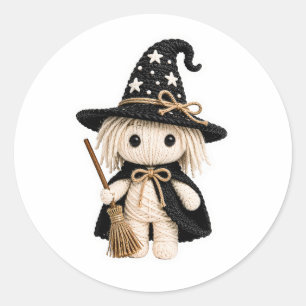 Sticker Rond Sorcière blanche cousue de style Amigurumi avec ba