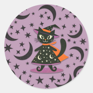 Sticker Rond Sorcière Chat Noir Lune Violette Étoiles Fête Hall