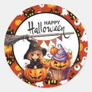 Sticker Rond Sorcière Citrouille d'Halloween