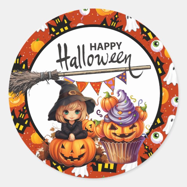 Sticker Rond Sorcière Citrouille d'Halloween (Devant)
