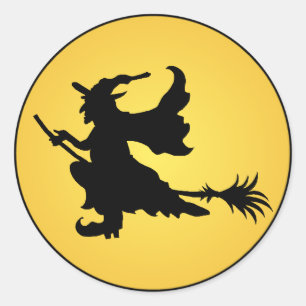 Sticker Rond Sorcière de Halloween sur l'autocollant de balai