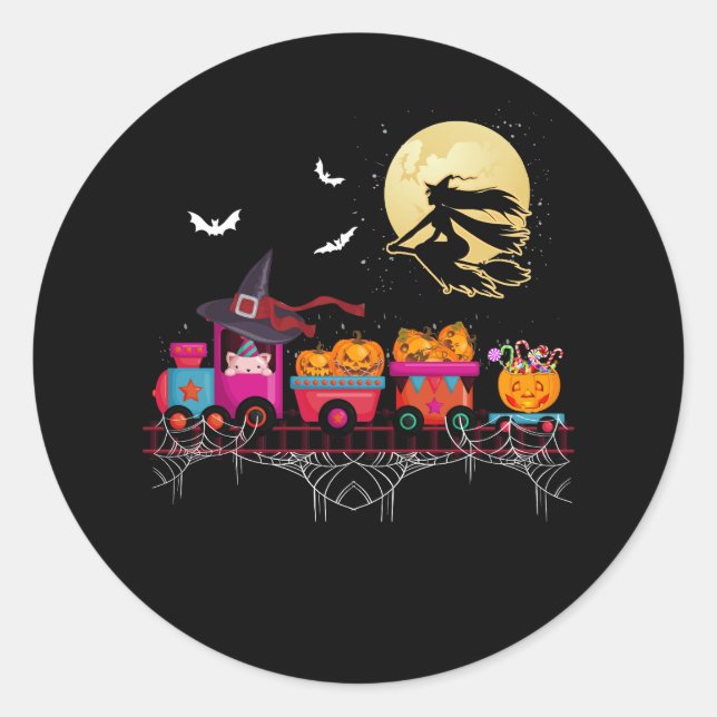 Sticker Rond Sorcière de train d'Halloween Citrouille de fantôm (Devant)