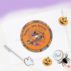 Sticker Rond Sorcière d'Halloween fête d'anniversaire Orange