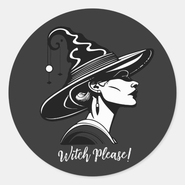 Sticker Rond Sorcière d'Halloween noir et blanc (Devant)
