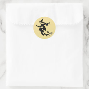 Sticker Rond Sorcière éffrayante Black Flying Faux Gold Hallowe