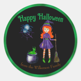 Sticker Rond Sorcière et araignée Nom personnalisé Halloween no