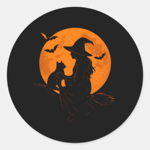 Sticker Rond Sorcière et chat mignon, chaton noir pour Hallowee