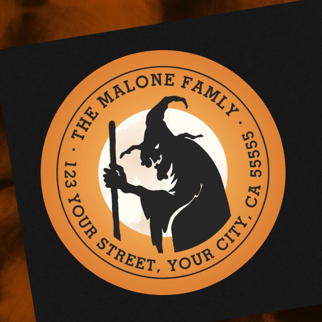Sticker Rond Sorcière et lune Halloween orange adresse de retou (Créateur téléchargé)