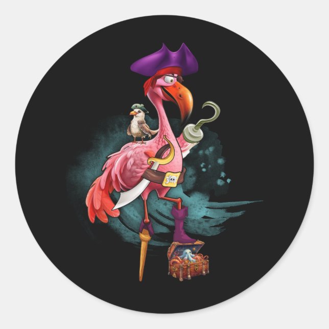 Sticker Rond Sorcière Flamant rose rose Pirate Halloween Filles (Devant)
