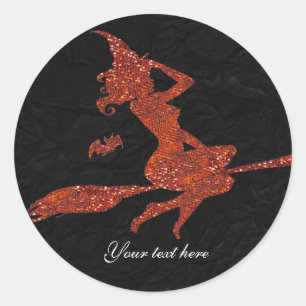Sticker Rond Sorcière Glamour Volant sur un Balai Faveur de Fêt