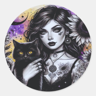 Sticker Rond Sorcière gothique céleste et chat noir