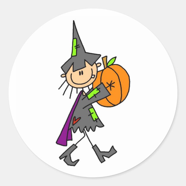 Sticker Rond Sorcière Halloween avec Citrouille (Devant)