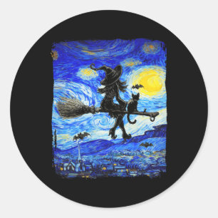 Sticker Rond Sorcière Halloween Starry Night Van Gogh Aesthétiq