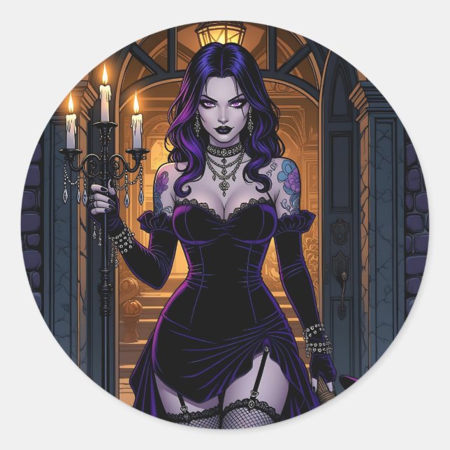 Sticker Rond Sorcière noire et violette avec Halloween Candelab (Devant)