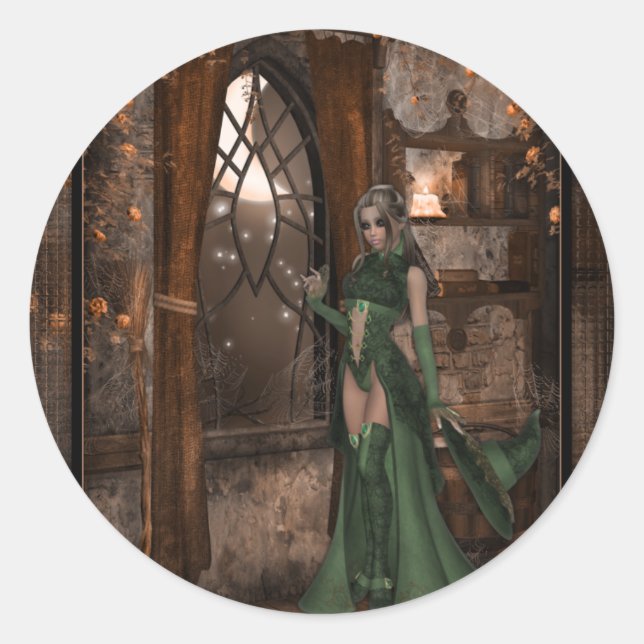 Sticker Rond Sorcière par la fenêtre :: Designs Halloween (Devant)