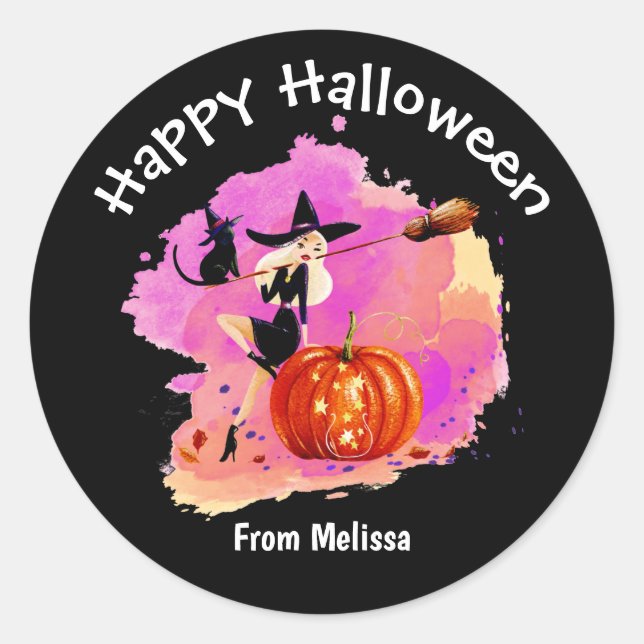 Sticker Rond Sorcière Sassy Halloween Avec Bâton Rond Classique (Devant)