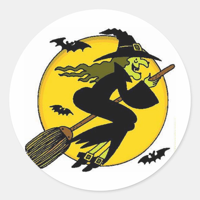 Sticker Rond Sorcière sur Broomstick (Devant)