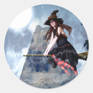 Sticker Rond Sorcière sur un balai (autocollants)