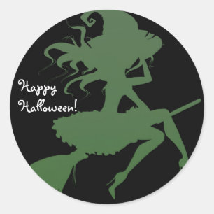 Sticker Rond Sorcière verte balai volant fête d'Halloween