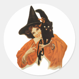 Sticker Rond Sorcière Vintage Magnifique avec Chat Noir sur l'É