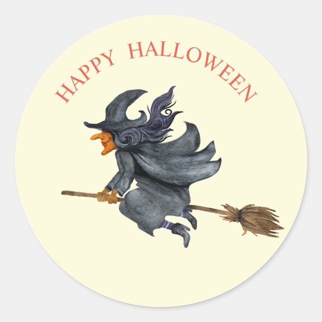 Sticker Rond Sorcière volante à l'aquarelle pour Halloween (Devant)