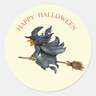 Sticker Rond Sorcière volante aquarelle Halloween