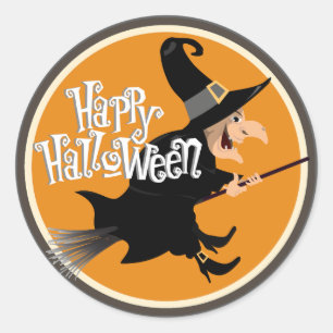 Sticker Rond Sorcière volante sur Broom Halloween