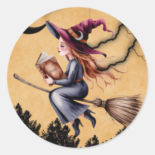Sticker Rond Sorcière Whimsical Flying Broom Girl Birthday Part