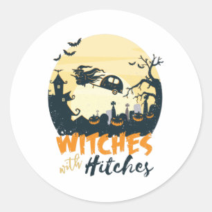 Sticker Rond Sorcières avec Hitches Funny Halloween Camping