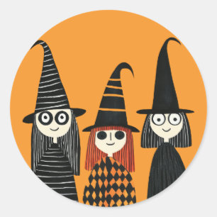 Sticker Rond Sorcières caricaturales Éffrayant mignonne Hallowe